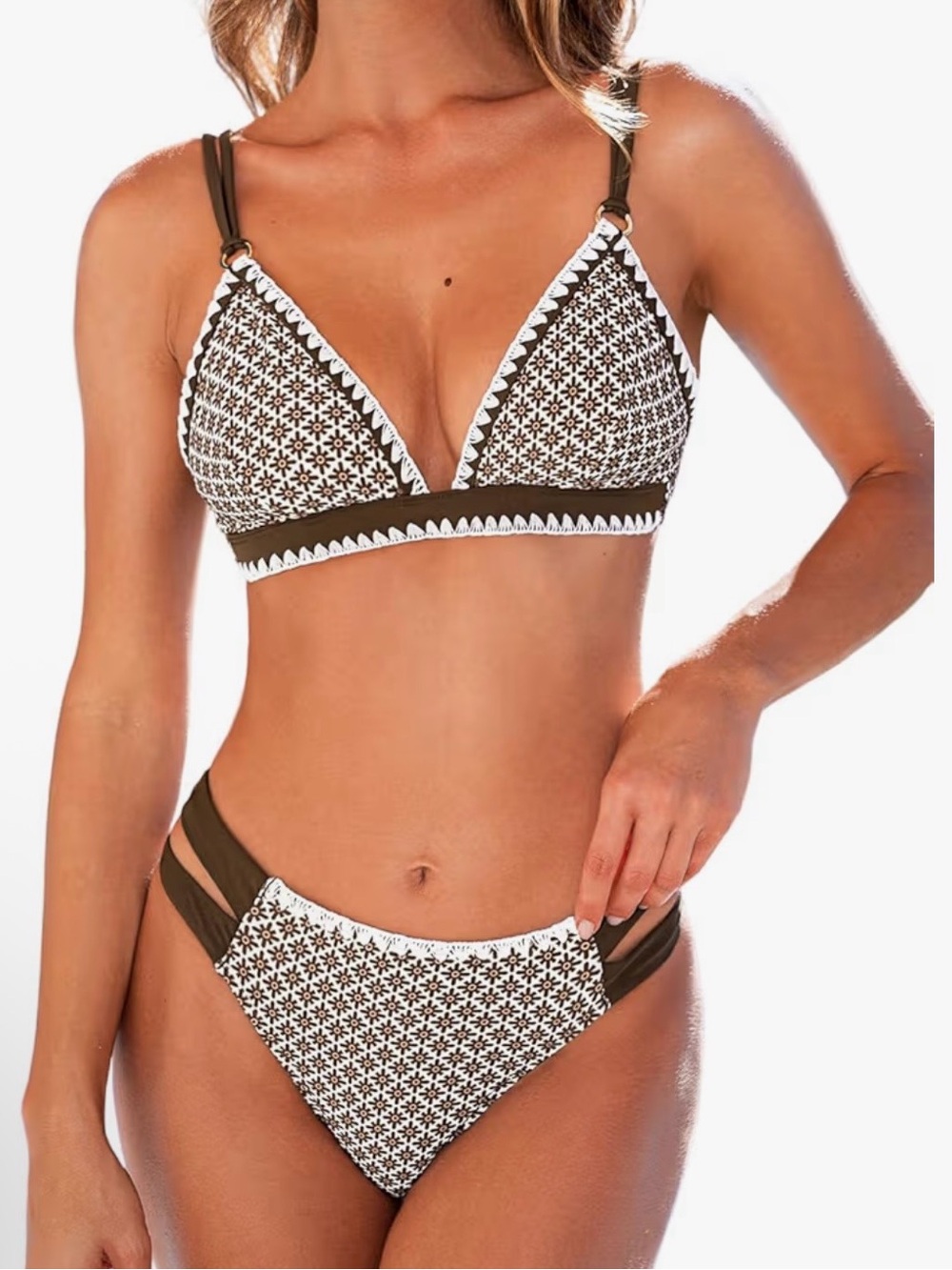 Cupshe Brown & White Floral Triangle Bikini Set - Women Swim